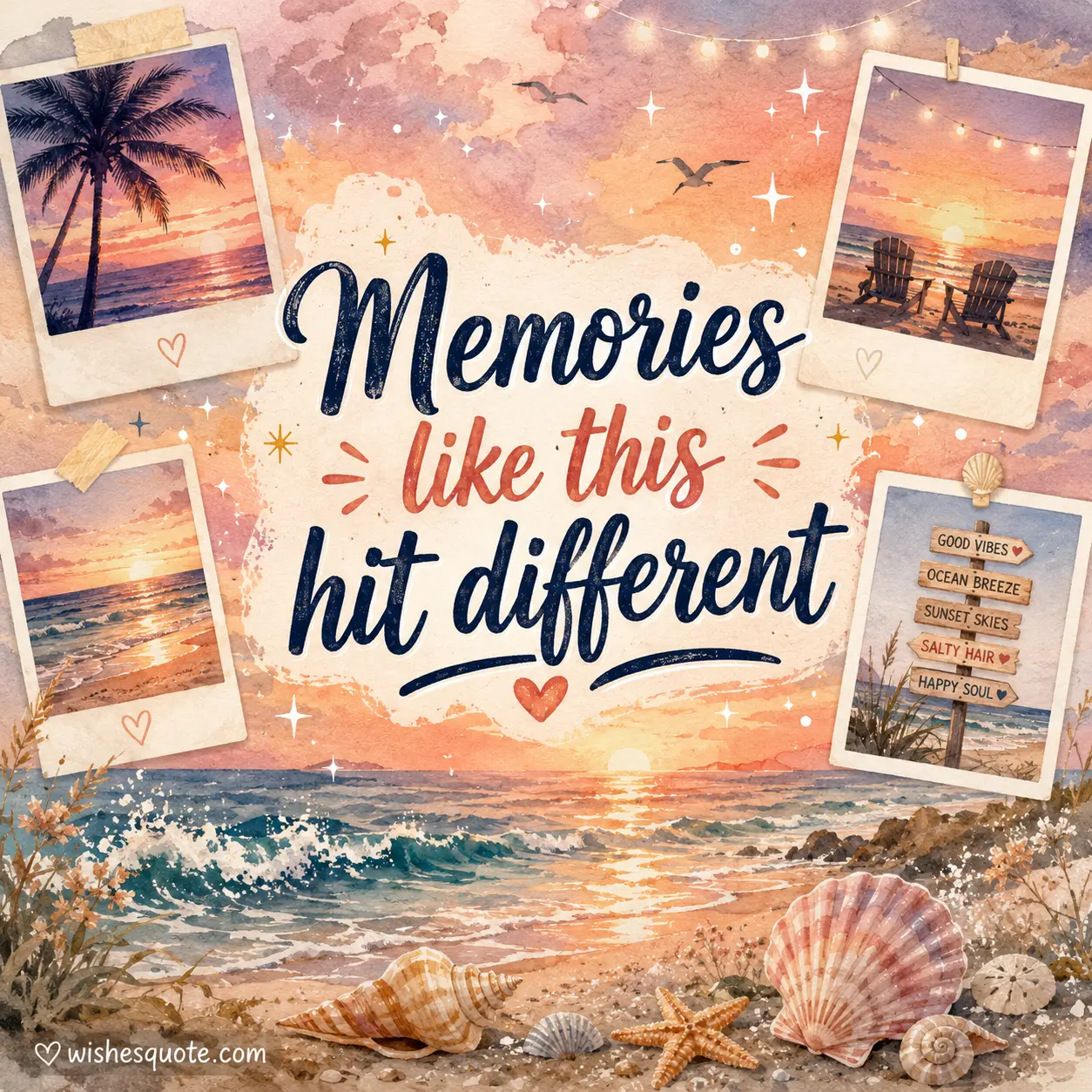 5. Nostalgic watercolor beach artwork with seashells and memory-inspired elements highlighting a meaningful quote about unforgettable moments.