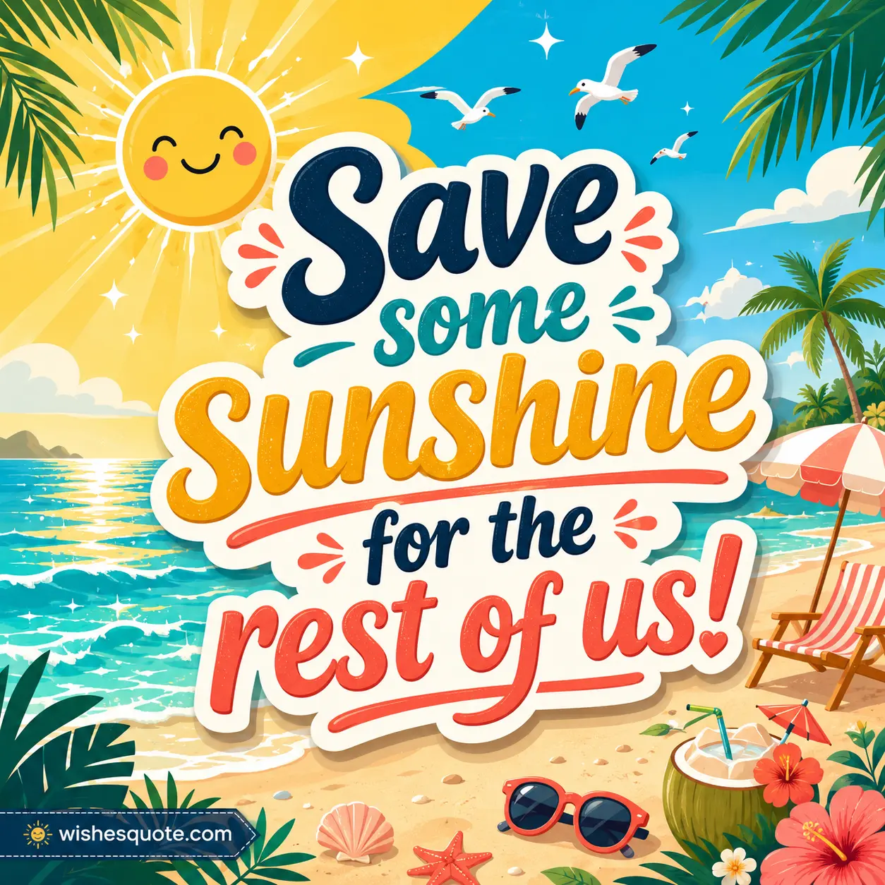 1. Bright illustrated beach scene with golden sunshine and playful tropical vibes featuring the quote about saving sunshine for others.