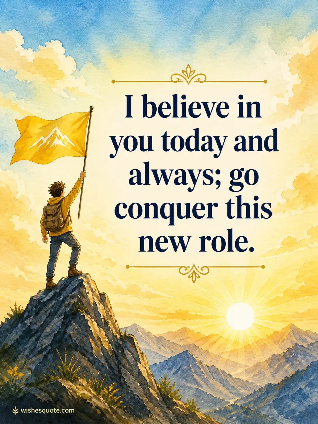 Whimsical mountain peak victory illustration with quote about belief and conquering a new job role