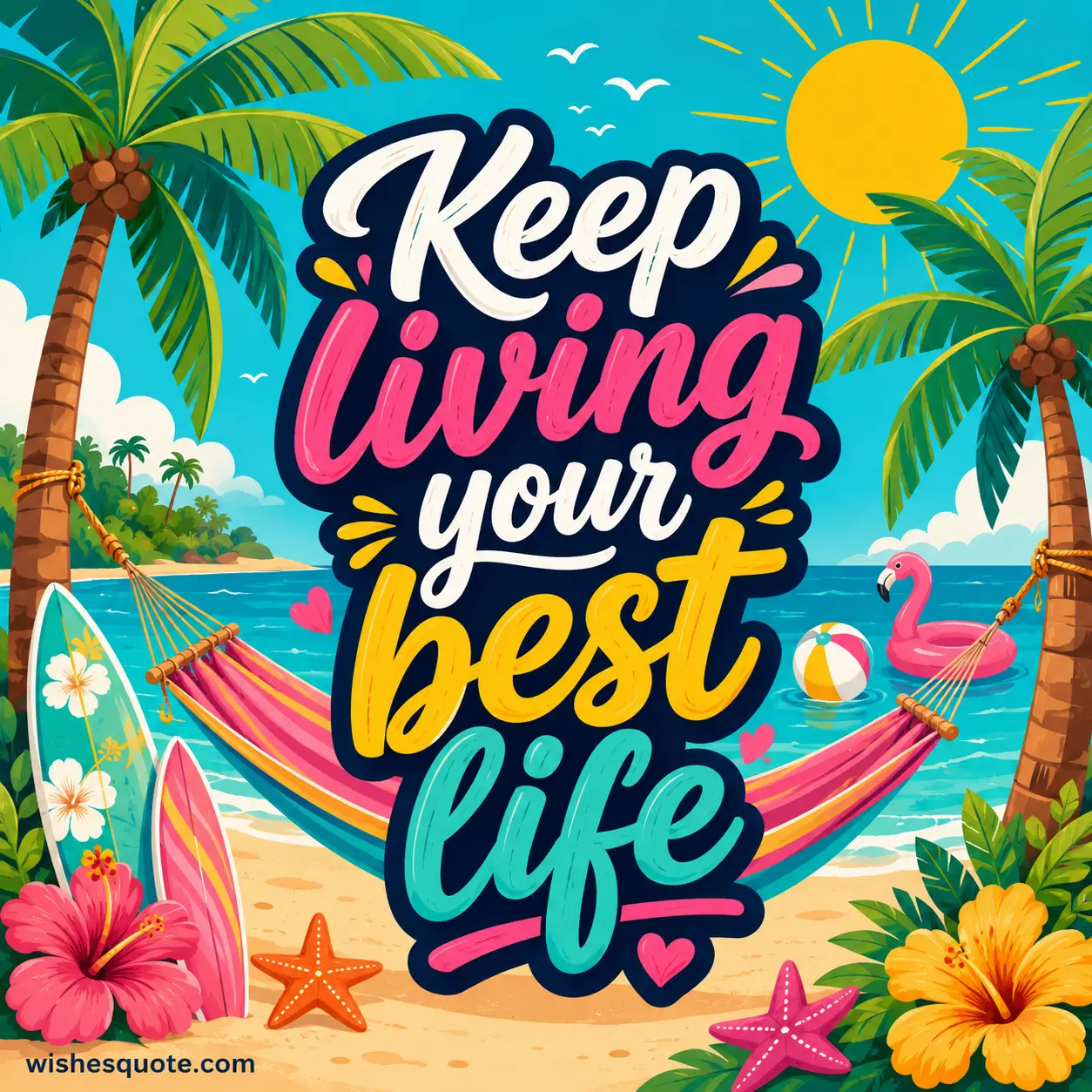 4. Vibrant tropical cartoon beach scene with palm trees and summer happiness featuring a quote about living your best life.