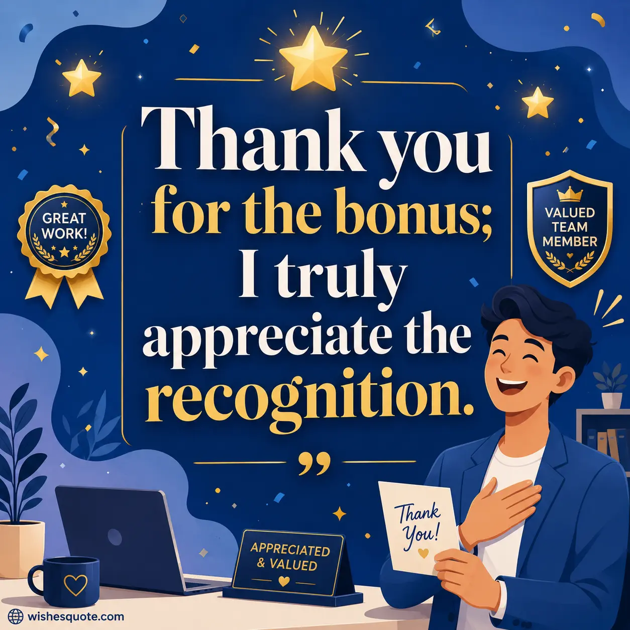 ALT 1: Stylized vector illustration of an employee celebrating workplace recognition with an appreciation quote about receiving a bonus and feeling valued.