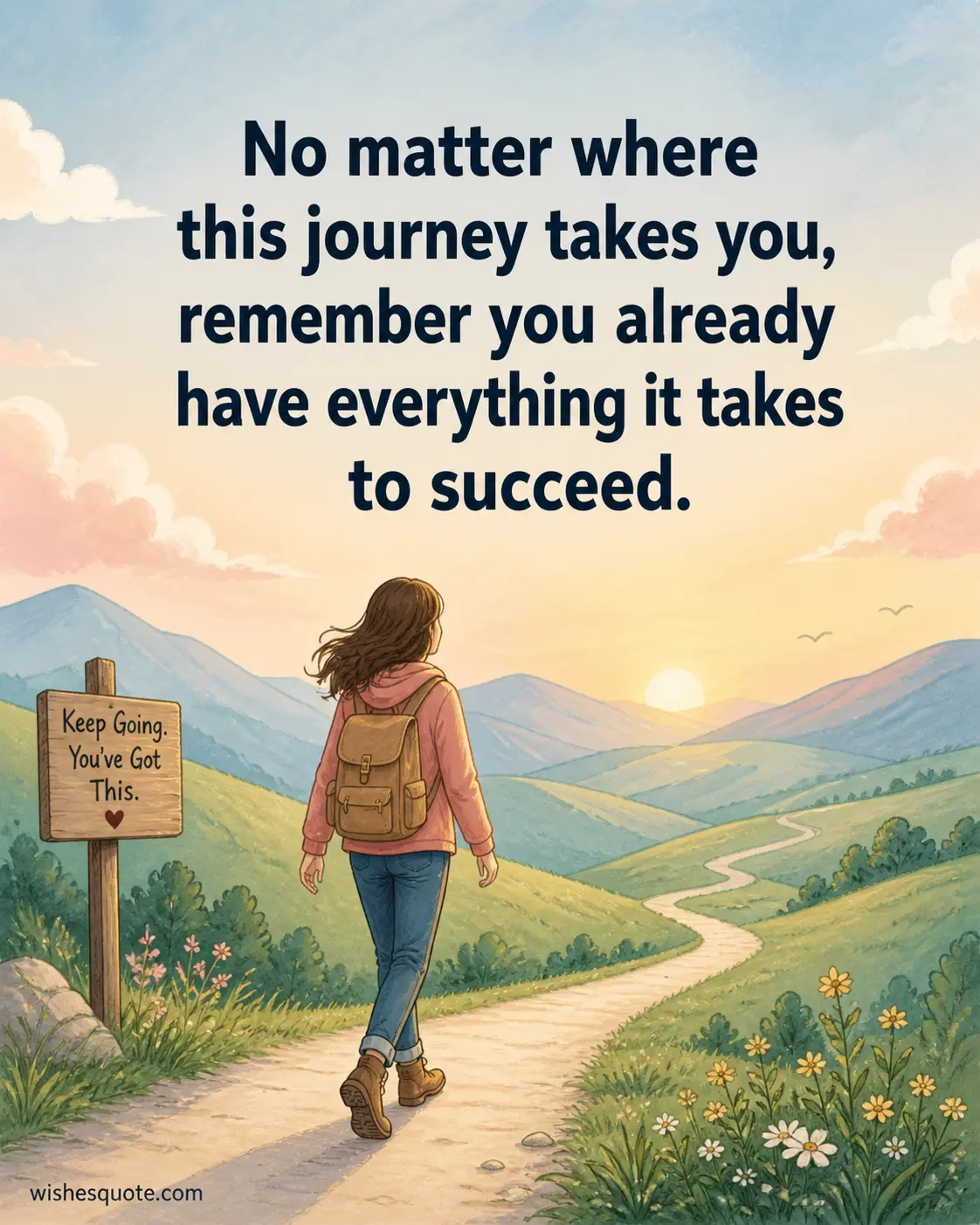 Soft pastel drawing of a person walking confidently on a path with quote about believing in personal ability to succeed