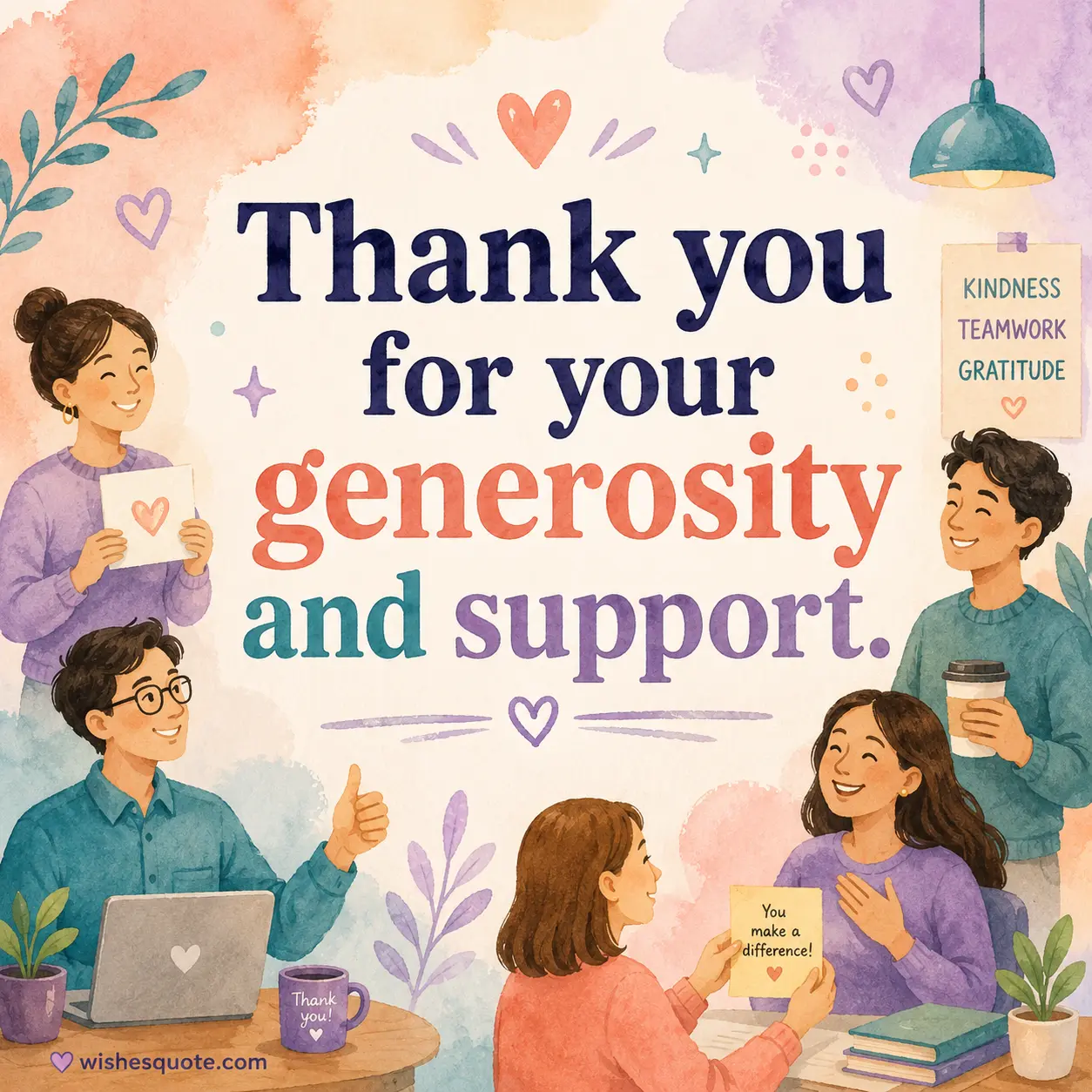 ALT 2: Watercolor-style thank you quote image expressing gratitude for generosity and support in a warm and uplifting workplace setting.