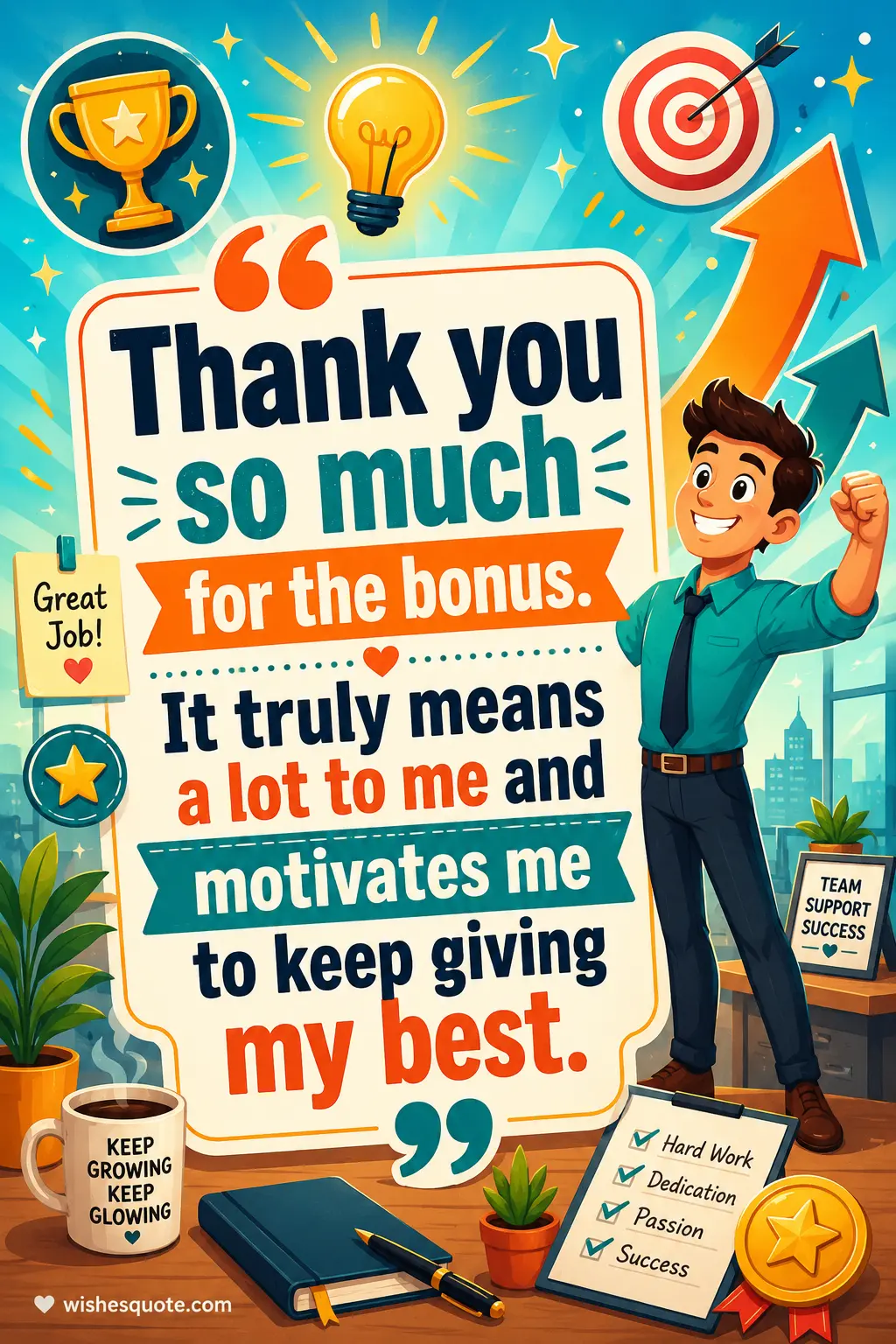 ALT 3: Cartoon-inspired motivational bonus appreciation artwork featuring encouraging symbols and a gratitude quote about staying motivated to do great work.