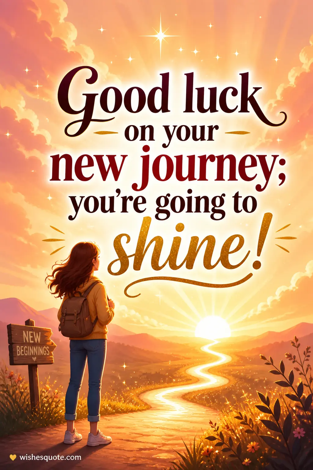 Illustrated sunrise path with motivational quote about starting a new job journey and shining brightly
