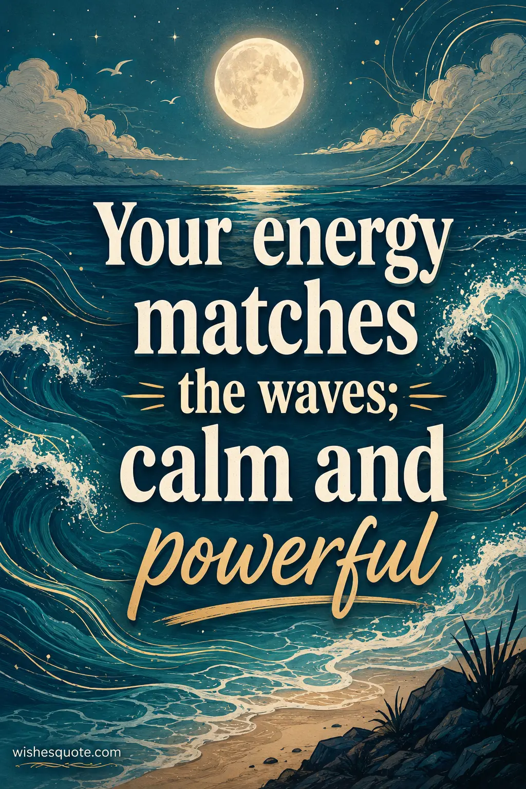 3. Artistic ocean wave illustration symbolizing calm strength and peaceful energy with a motivational beach-inspired quote.