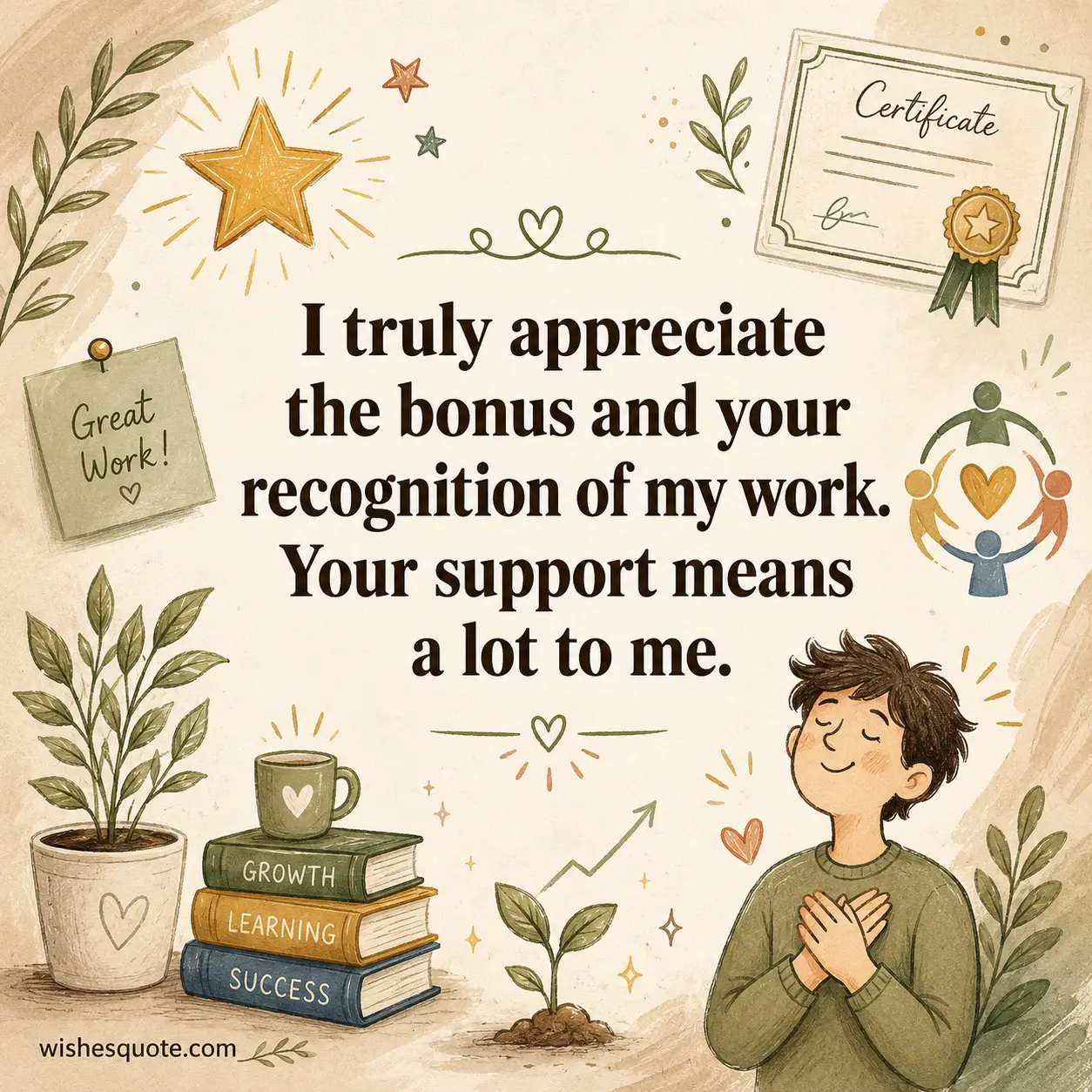 ALT 4: Hand-drawn pastel illustration showing appreciation for work recognition and support with inspirational office-themed artistic elements.